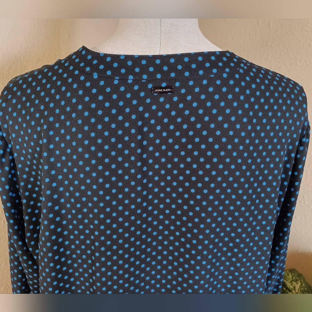 Anne Klein Black with Blue Polka Dots Long Sleeve Blouse XL XXL - Picture 3 of 11